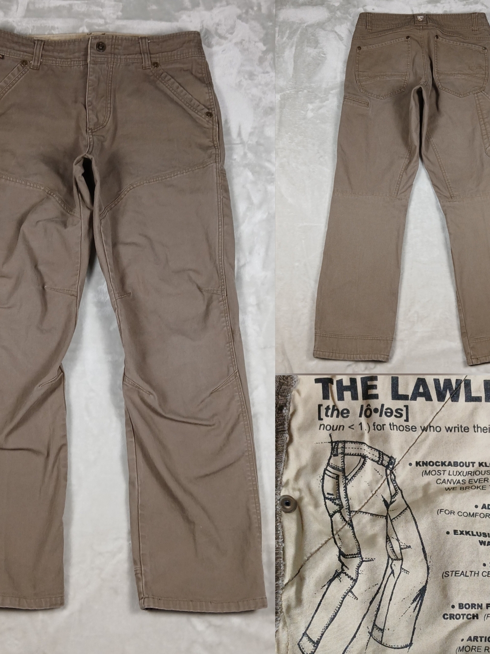 KUHL The Lawless Pants Mens 33x32 Tan Canvas Vintage Patina Dye Hiking Work